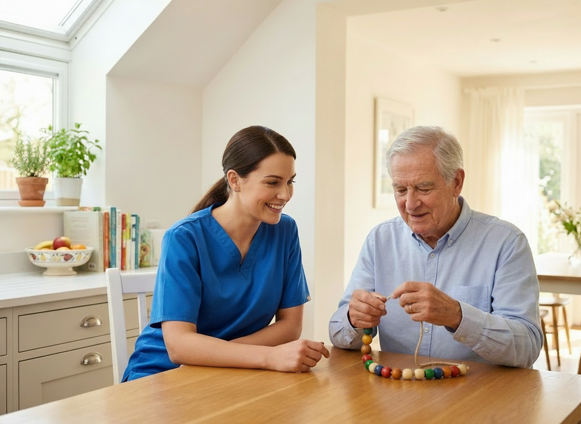 Caregiver slicing toast at a kitchen table while a client threads large beads on a string, both engaged and smiling in a bright, homey setting.