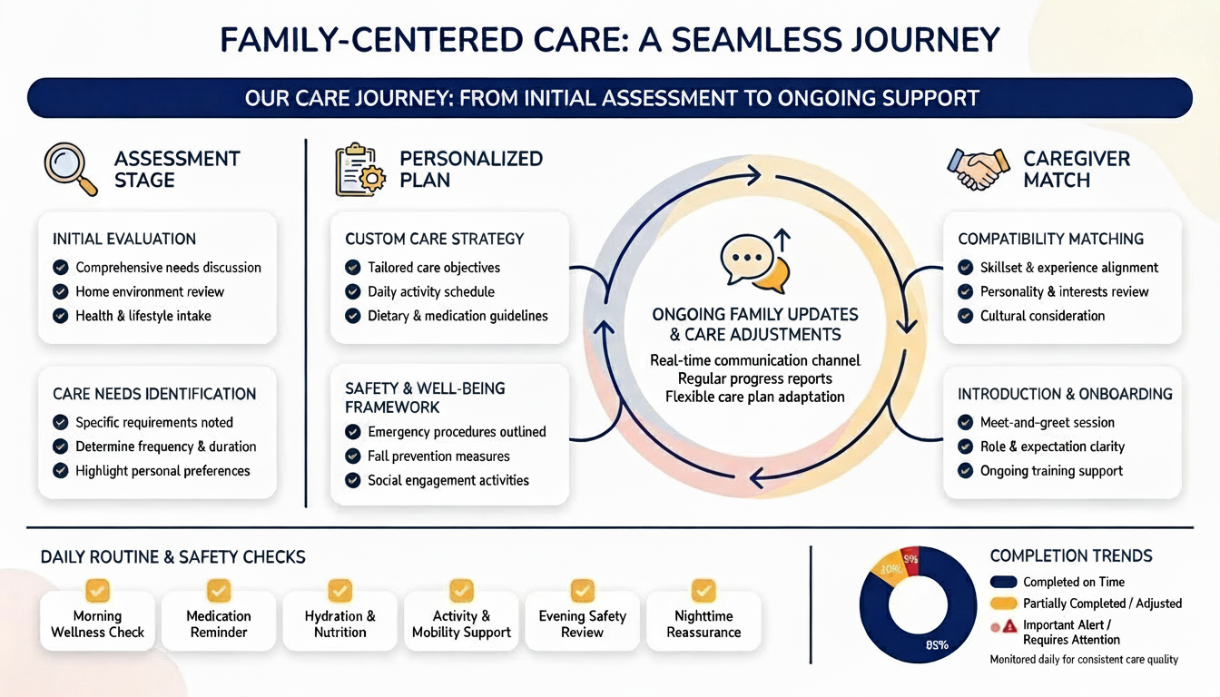Infographic showing an in-home care workflow in three vertical columns connected by a central communication loop, highlighting assessment, personalized plan, caregiver match, daily routines, safety checks, and family updates using clean icons and brand colors.