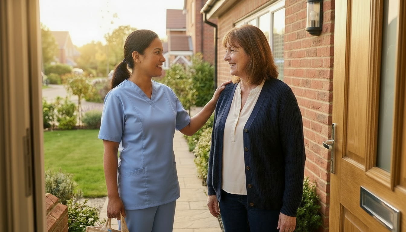 An adult daughter warmly greets a caregiver at a suburban front porch, guiding them inside with a reassuring smile and warm natural lighting emphasizing trust and relief. The tidy brick entry and shallow depth of field keep focus on the caring interaction.