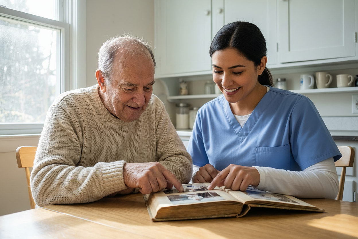 Caregiver and older adult sitting at a sunlit kitchen table looking through a photo album together, sharing a calm, connected moment of routine and care.