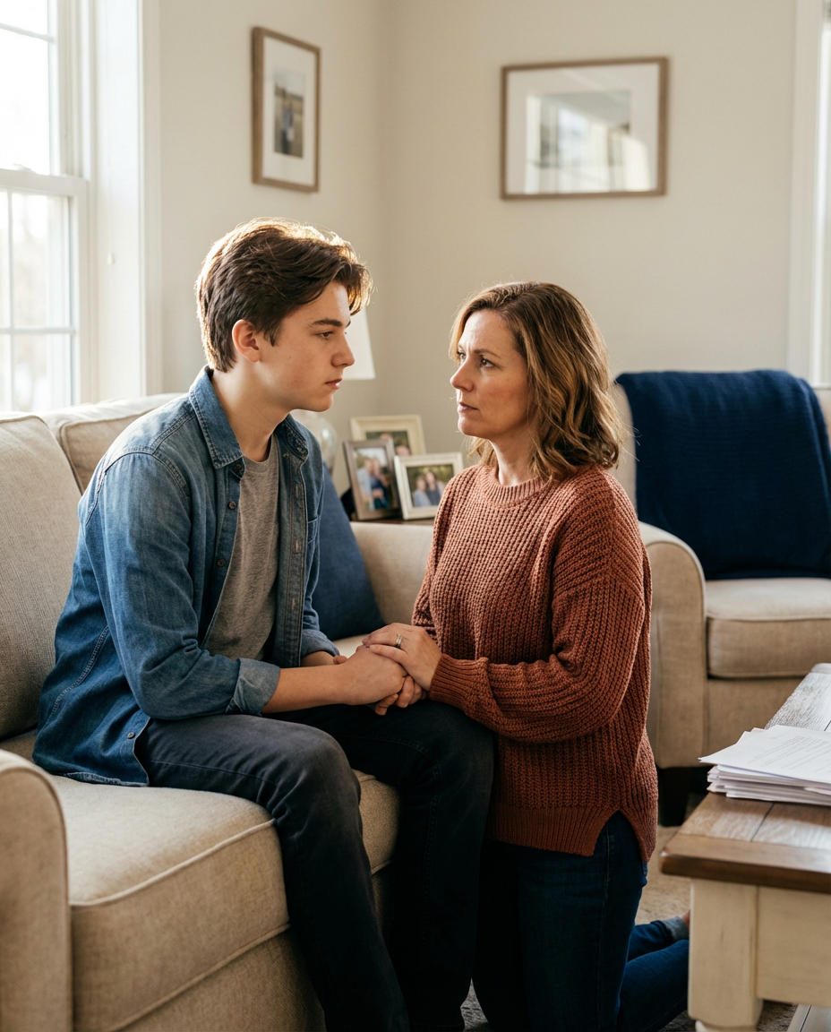 Mother kneeling beside her teenage son on a sofa, holding his hand with documents neatly arranged on a coffee table in a softly lit, tidy living room that conveys care and determination.