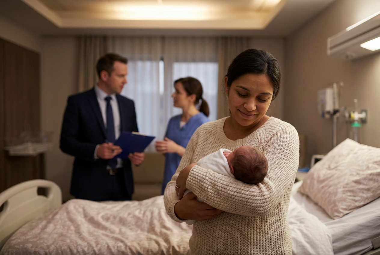 A warmly lit hospital room showing a mother gently rocking her newborn in the foreground while medical staff confer in the softly blurred background, conveying calm, teamwork, and support.
