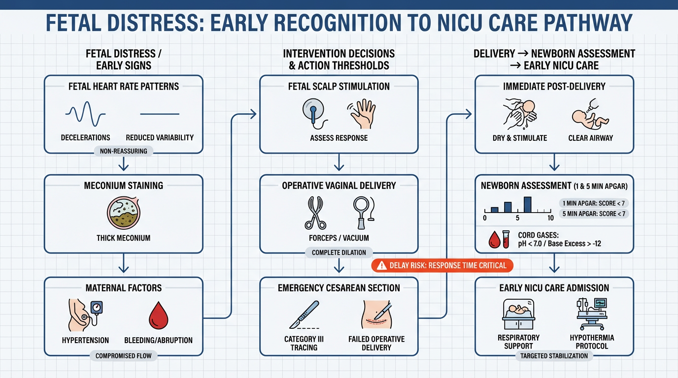 Horizontal three-column clinical timeline infographic showing fetal distress signs, intervention decisions, delivery and newborn assessment (Apgar and cord gases), and early NICU care with highlighted delay-risk points and clear icons.