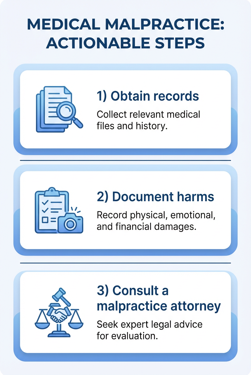 Vertical three-step infographic showing obtain records, document harms, and consult a malpractice attorney with simple flat icons and clear labels on a soft off-white background using blue brand accents.