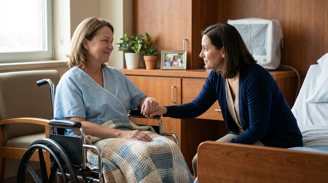 Caregiver sitting beside a patient’s bed, holding the patient’s hand in a softly lit hospital room to convey support and reassurance.