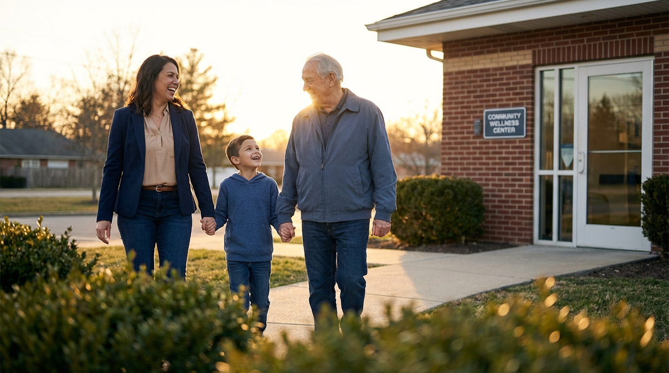 A multigenerational family—an adult woman in a navy blazer, a senior partner, and a young child—walking hand-in-hand out of a community clinic at sunset, smiling and looking hopeful. The clinic facade and warm golden-hour light are visible in the background, with the sidewalk leading the eye forward.