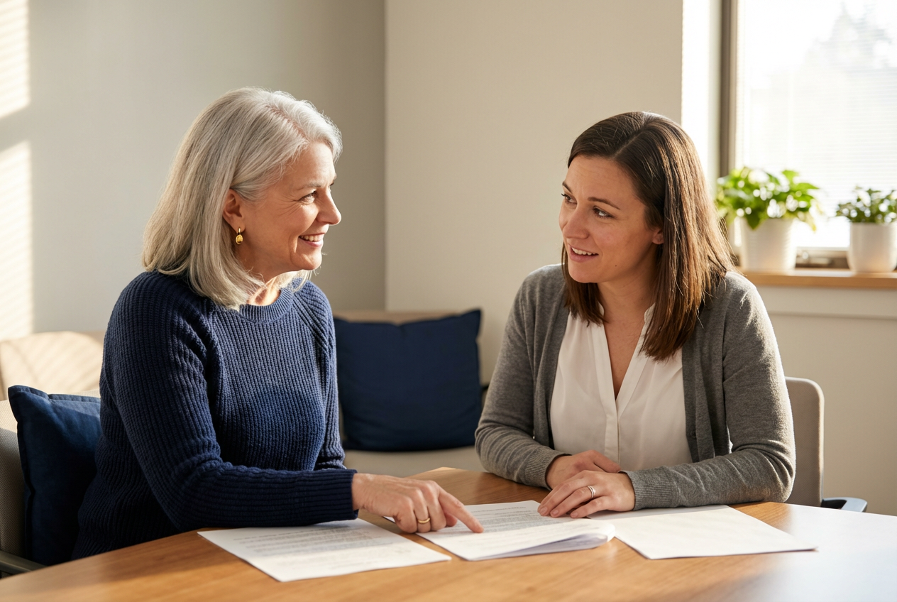 Two people at a conference table reviewing documents together in warm natural light, conveying partnership and clarity in a community legal clinic setting.