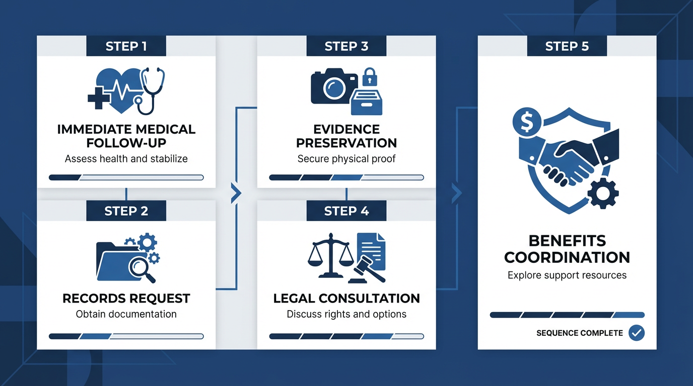 Infographic showing a five-step action pathway with stacked cards for medical follow-up, records request, evidence preservation, legal consultation, and benefits coordination, on a navy background with white panels and geometric icons for each step.