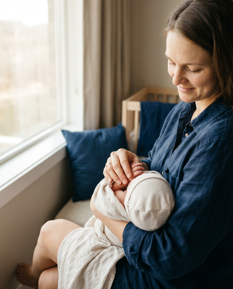 Warm, intimate portrait of a mother seated in a calm birthing suite gently holding and stroking her newborn’s hand in soft, diffused window light, with a clean, blurred background. The scene emphasizes care and resilience with warm neutral tones and subtle navy accents.