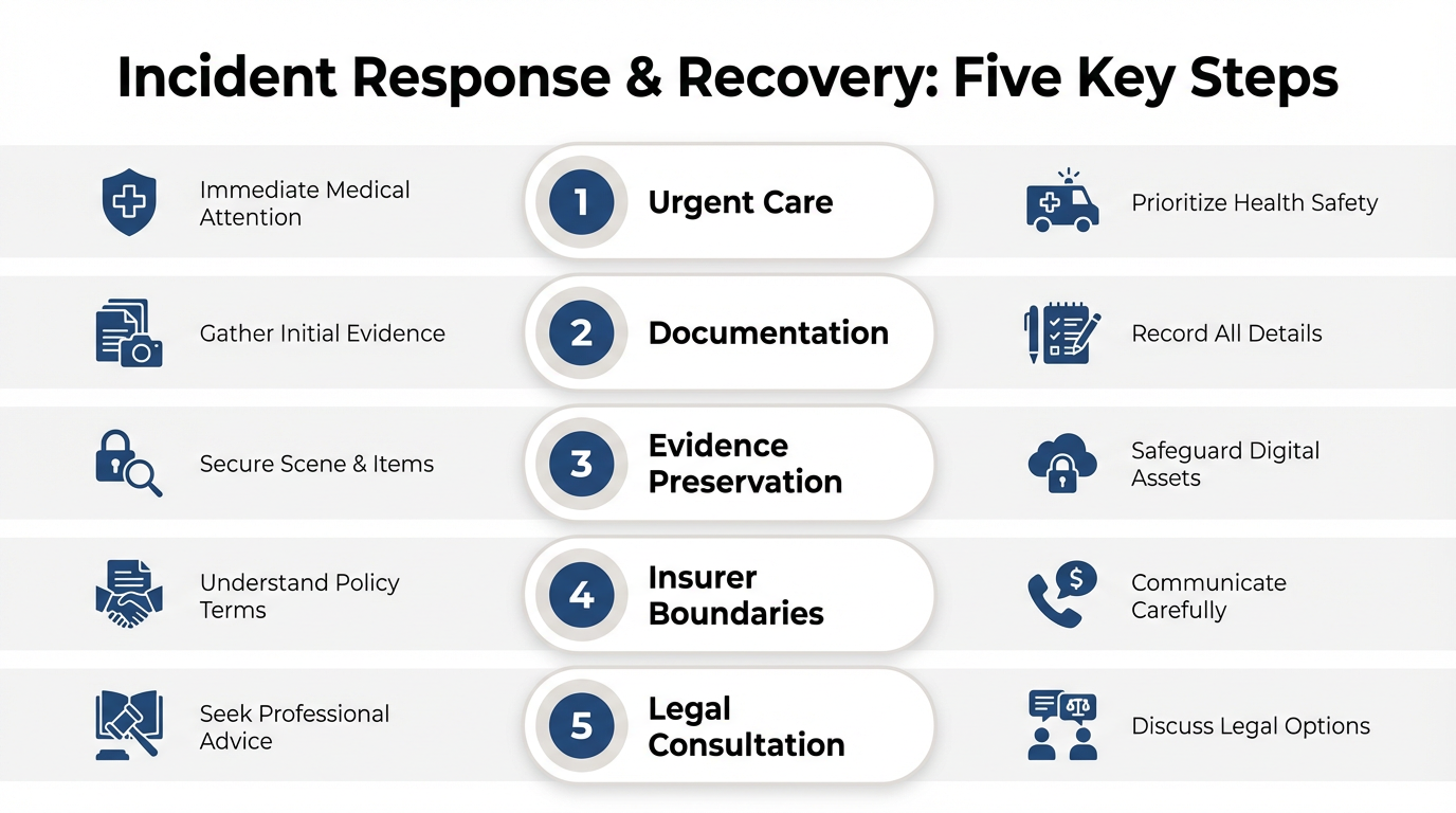 Clean infographic showing a centered vertical 5-step response flow with supporting side columns: steps labeled Urgent care, Documentation, Evidence preservation, Insurer boundaries, and Legal consultation, styled in the brand blue palette. Designed for quick scanning with bold headings, geometric icons, and clear short labels.