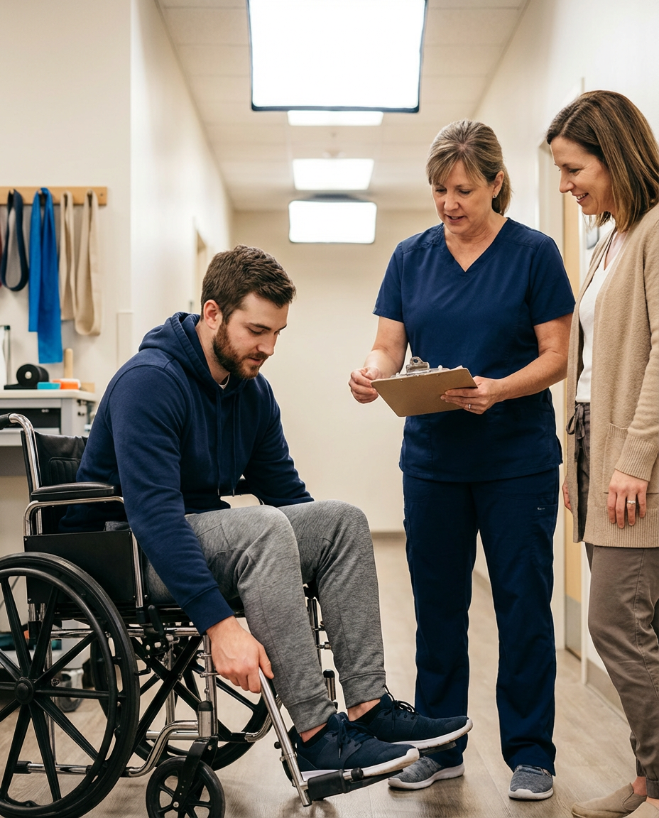 Close, respectful portrait of a patient adjusting a wheelchair footrest with a therapist and caregiver nearby in a rehab hallway, showing therapy bands and a clipboard to convey long-term recovery planning.
