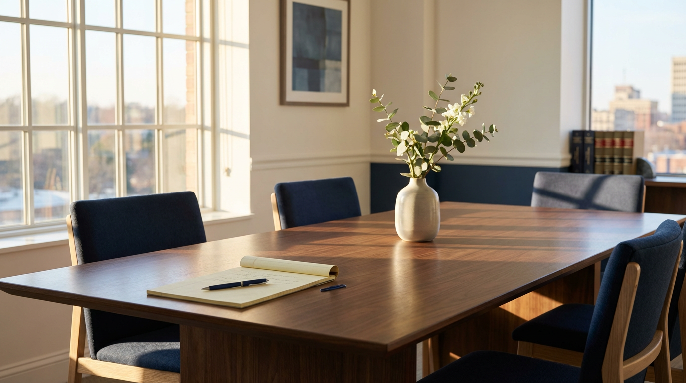Memphis law office conference room with three chairs pulled out, a polished wooden table, an open legal pad and vase centerpiece bathed in warm late-afternoon light, creating an inviting and professional atmosphere.