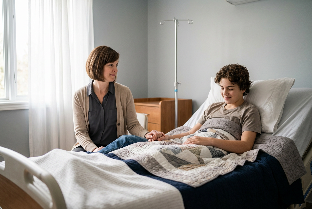 Mother seated at a hospital bedside holding her teenage son's hand in soft natural window light, conveying care and quiet resolve in a calm, uncluttered room.