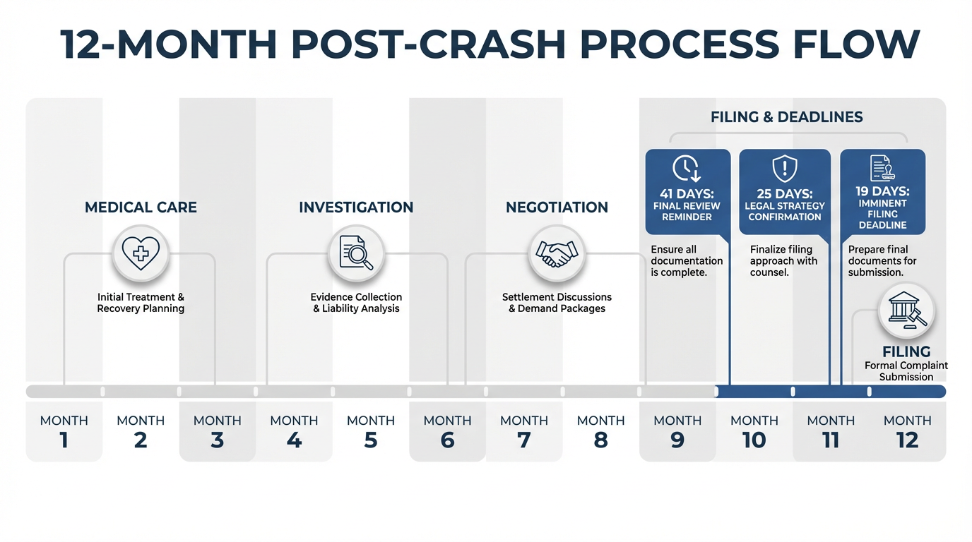 Wide horizontal infographic timeline showing the first 12 months after a crash with month markers and milestone clusters for medical care, investigation, negotiation, and filing, plus highlighted reminder flags 41, 25, and 19 days before the one-year mark. Clean flat icons and a blue-accent brand palette create clear visual hierarchy for quick reference.