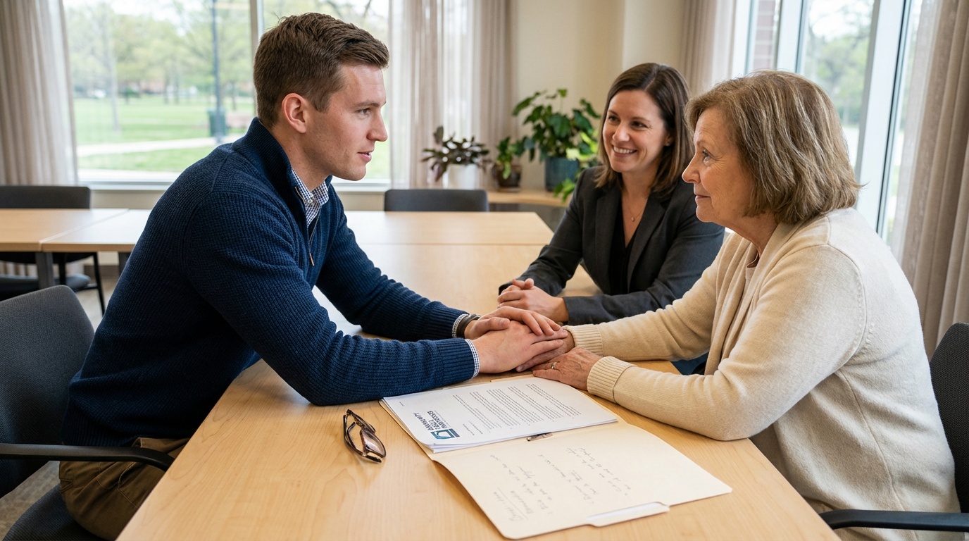 Senior family member and two attorneys meeting around a conference table, holding hands over an open case file in a bright community meeting room with soft natural light and a warm, uncluttered composition.