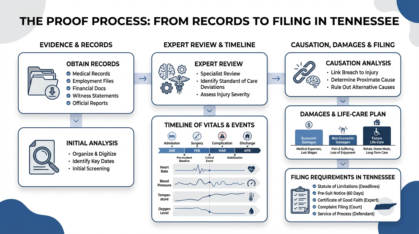 Infographic illustrating the legal proof process from obtaining records through expert review, timeline of vitals and events, causation analysis, damages and life-care plan, to filing requirements in Tennessee, organized in three parallel columns with icons and charts.