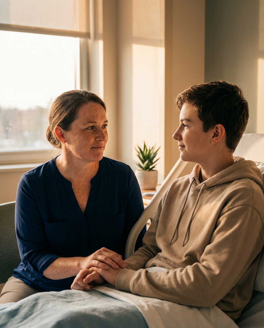 Warm, close portrait of a mother holding her teenage child’s hand in a softly lit hospital room, conveying care and resilience with gentle natural light and a calm, uncluttered background.