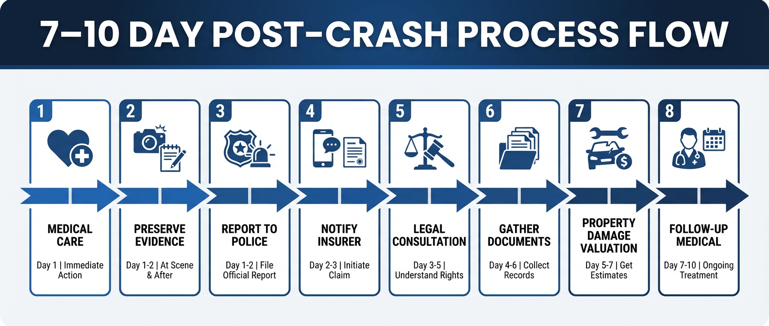 Wide horizontal infographic showing a step-by-step process for the first 7–10 days after a crash, with labeled cards for medical care, evidence preservation, reporting, insurer notice, and legal consultation, set under a dark title band. Clean, high-contrast editorial layout with consistent geometric icons and light content panels using the brand blues and neutral backgrounds.