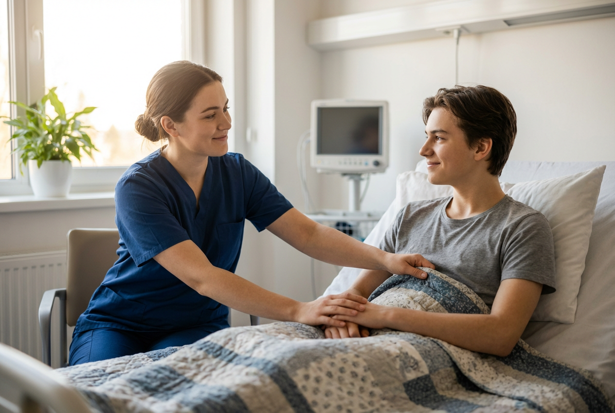 Caregiver in scrubs sitting at a hospital bedside, gently adjusting a teenager’s blanket while they make eye contact, soft morning light illuminating the scene to convey support and resilience.