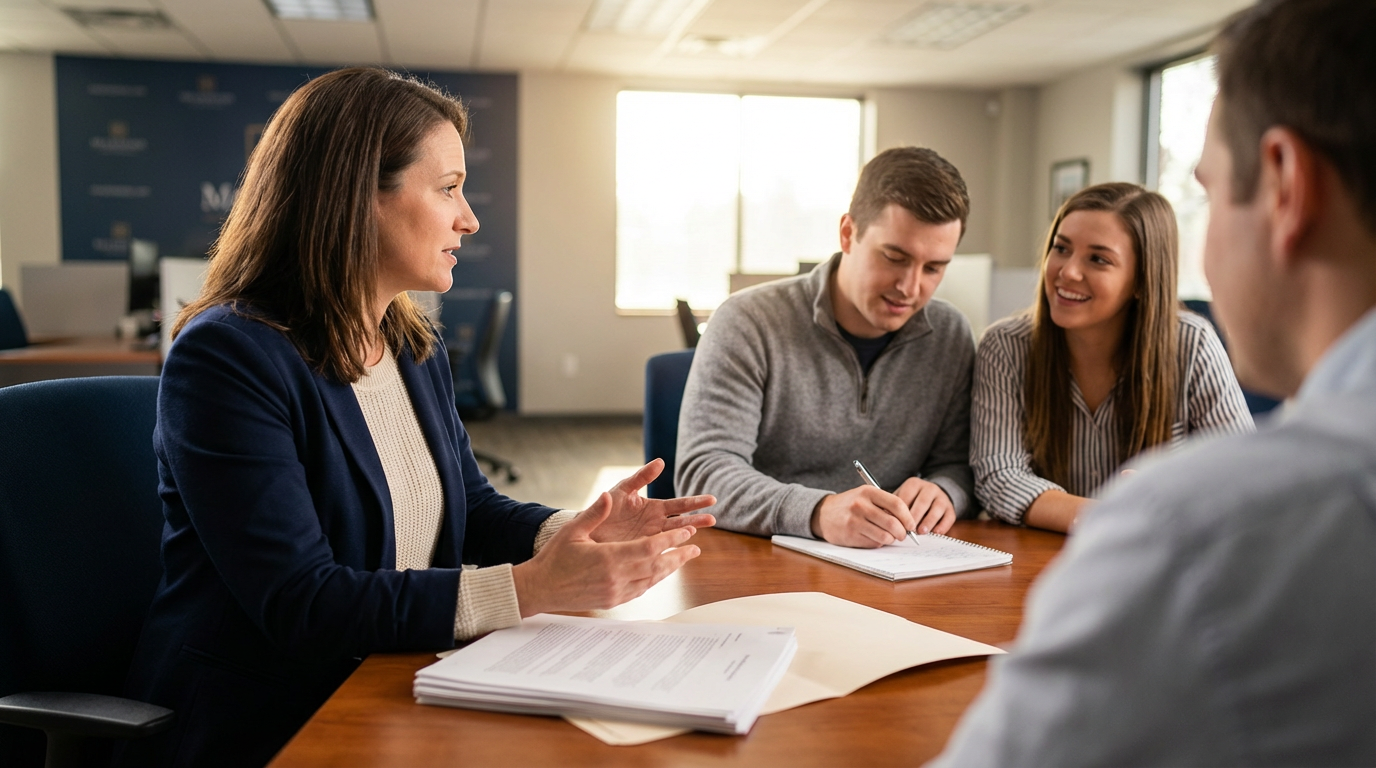 Warm candid photo of an attorney meeting two clients at a conference table with an open case file and a notepad in the foreground; natural warm light and shallow depth of field focus on the attentive interaction.