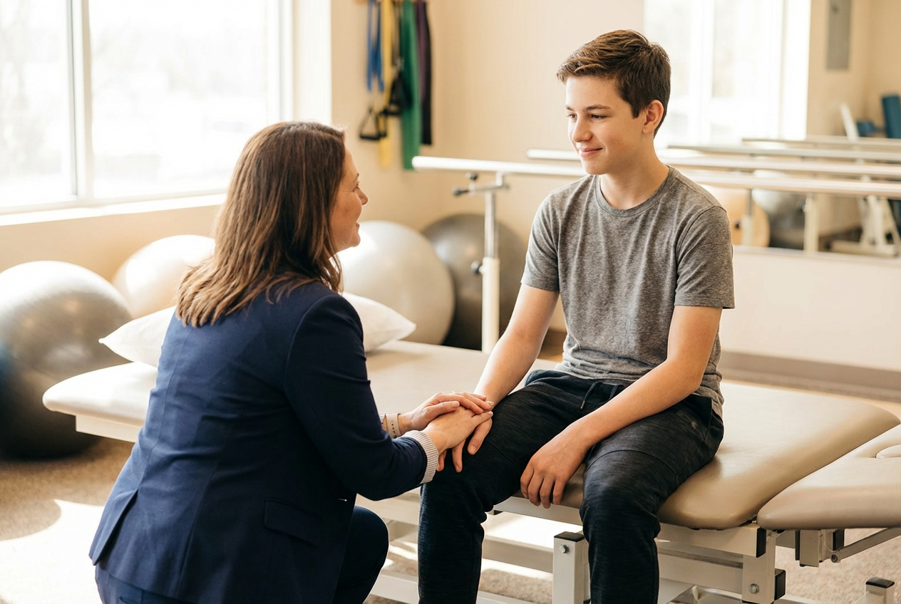 Warm, candid photo of a mother kneeling beside her teenage son in a bright physical therapy room, holding his hand and sharing a supportive smile while soft side window light highlights their connection.