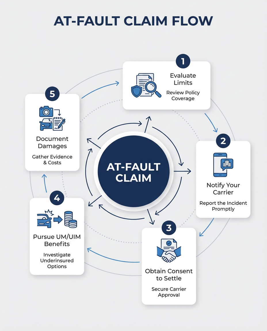 Radial infographic showing the UM/UIM claim flow with a central ‘At-Fault Claim’ node and five surrounding labeled steps (Evaluate Limits, Notify Your Carrier, Obtain Consent to Settle, Pursue UM/UIM Benefits, Document Damages) using a soft gray background and navy accents.
