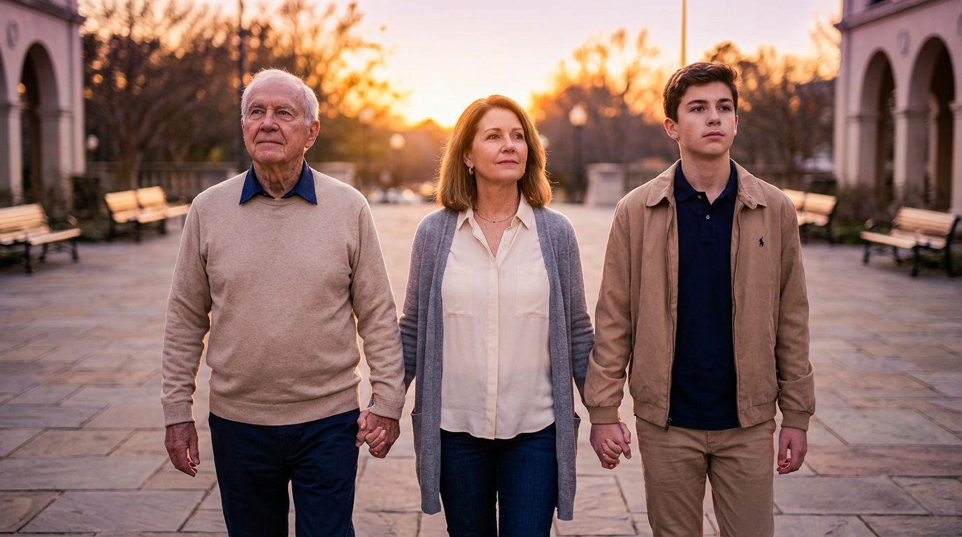 Three family members — a senior, an adult, and a teenager — walking hand-in-hand out of a civic courtyard at sunset, framed by trees and benches, with warm golden-hour backlight and a shallow depth of field. The image emphasizes hope and support, with a clean, uncluttered composition and warm, trust-evoking color grading.