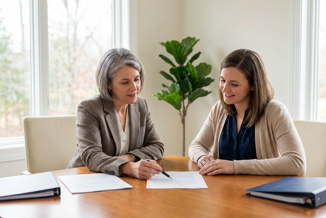 Attorney and caregiver leaning over a conference table while reviewing documents in a calm, light-filled office, with warm natural lighting and a clean, uncluttered background.