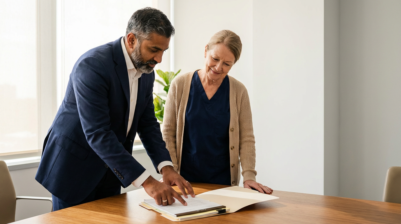 Two professionals, an attorney and a nurse, lean over a conference table reviewing a client’s case file under soft natural light, conveying coordinated care and advocacy.
