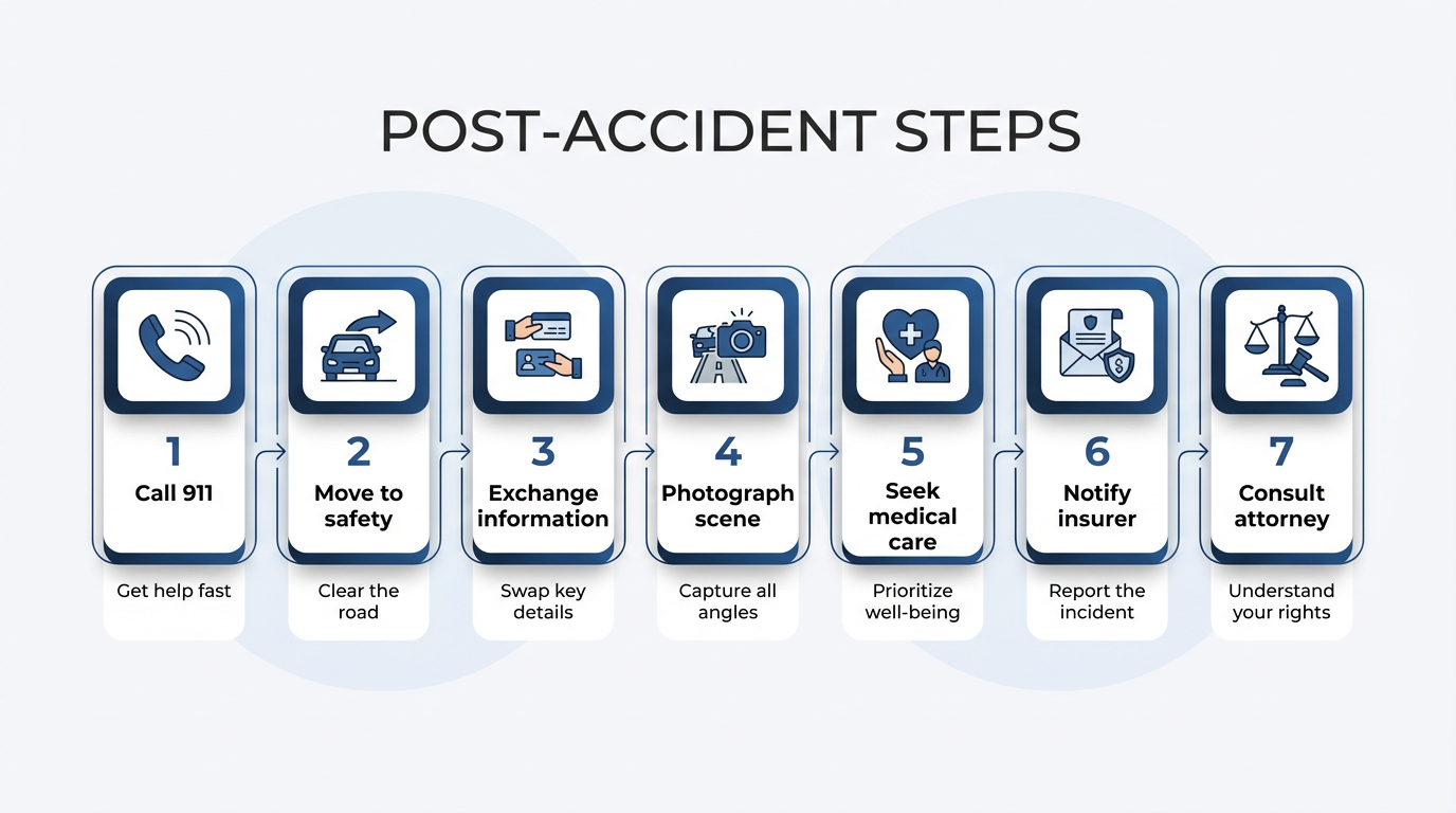 Horizontal step-by-step infographic showing seven numbered emergency response actions after a car accident, each with a clear icon and short label for quick scanning.