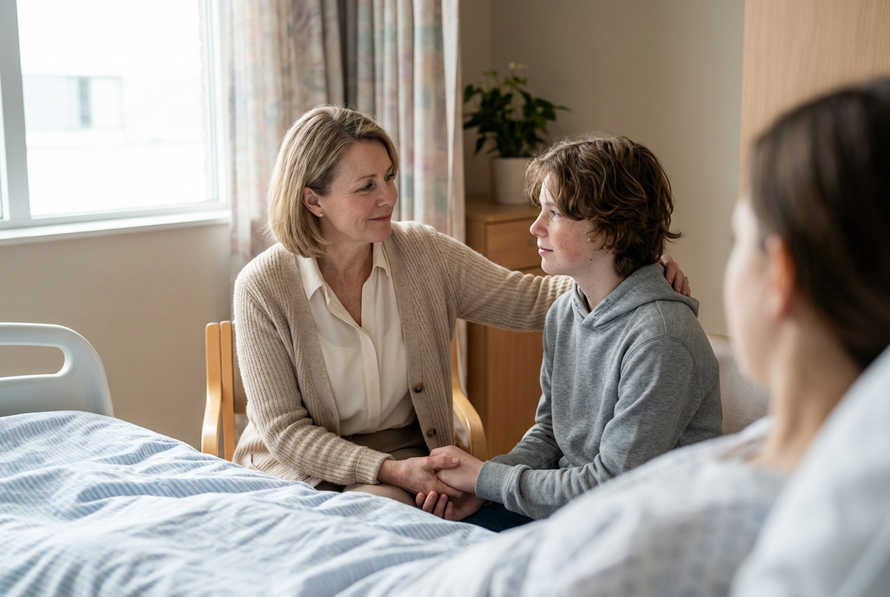 Close, warm hospital scene of a mother sitting beside her teenage son, holding his hand and offering comfort in soft natural window light; the room is calm and uncluttered with neutral furnishings. 
