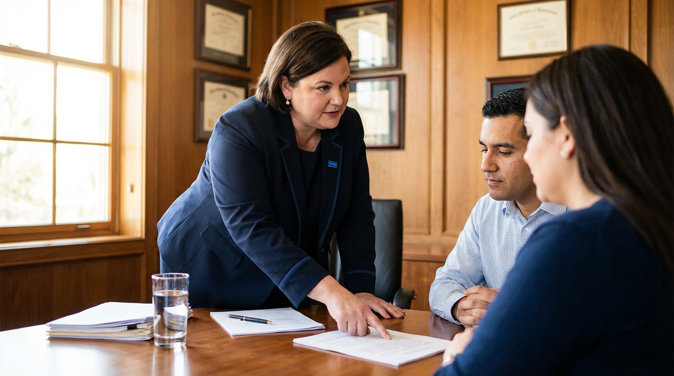 Law firm team meeting at a conference table with an attorney explaining documents to a family in a warm, wood-paneled office lit by soft natural window light; shallow depth of field highlights the attorney while keeping the scene approachable and uncluttered.