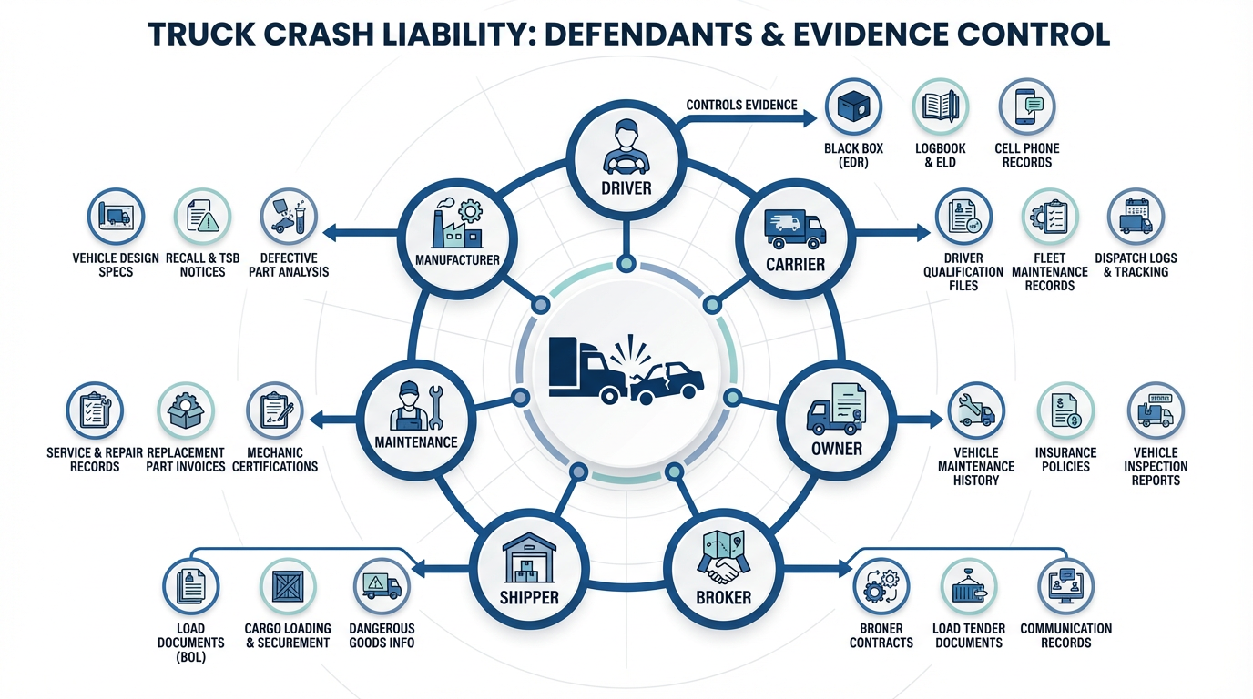 Infographic showing a central truck crash icon with seven surrounding defendant nodes connected by labeled lines to icons representing the specific evidence each party controls, using a clean corporate blue palette for clarity. Designed for accessibility with bold headings, minimal labels, and consistent iconography.