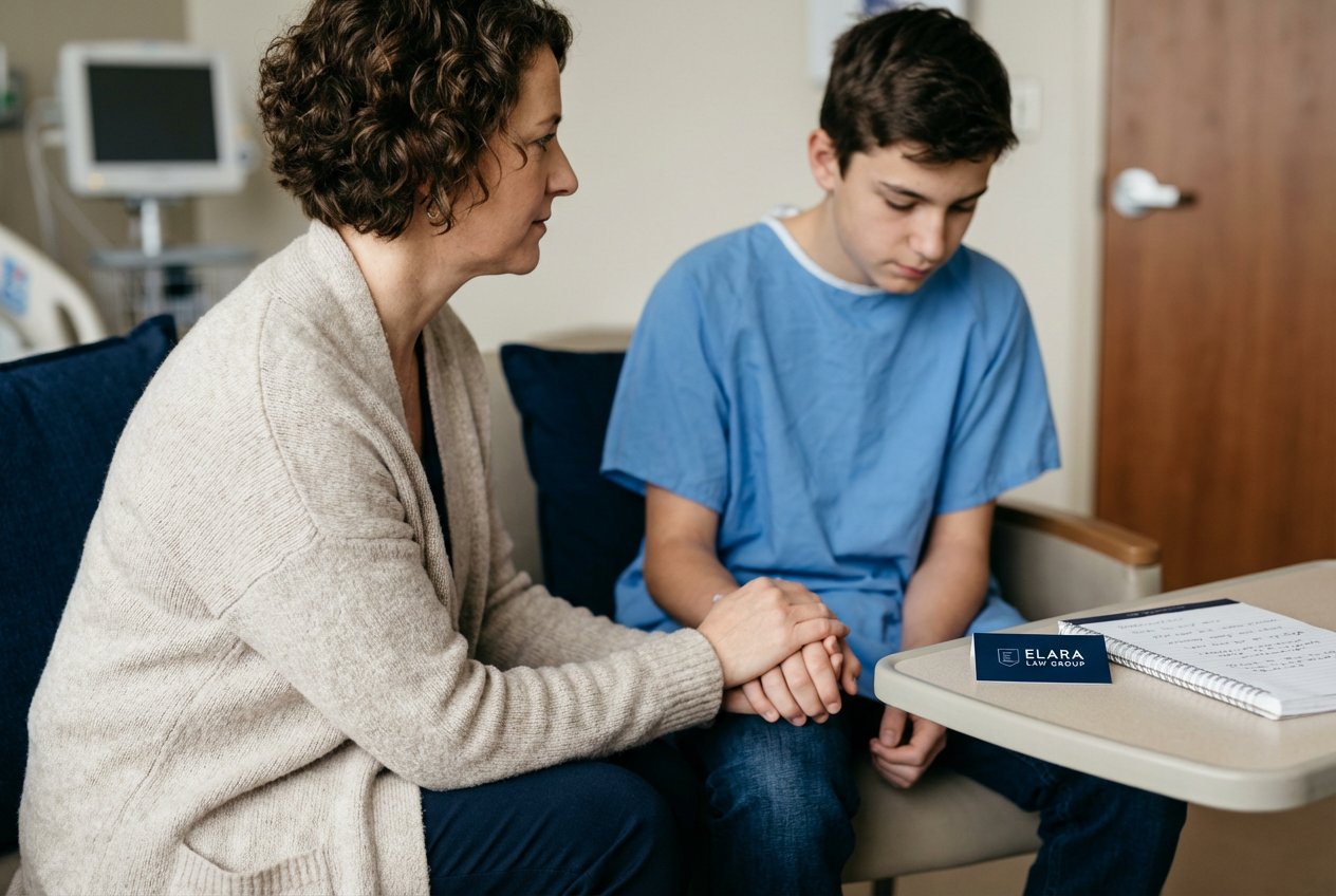 Warm hospital consultation photo showing a mother gently holding her teenage son’s hand as he looks at a lawyer’s business card on a nearby table, with soft natural light and a minimal, uncluttered background.