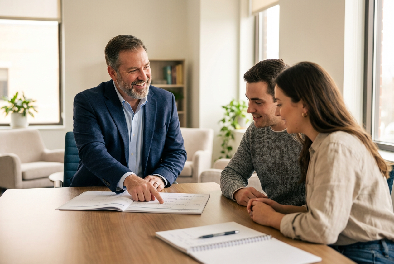 An experienced attorney meeting with a young family at a conference table, pointing to a visible calendar while an open notebook and pen sit in the foreground; warm natural side light and soft background plants create a calm, focused atmosphere. The composition emphasizes planning, clear next steps, and a reassuring client–attorney interaction.